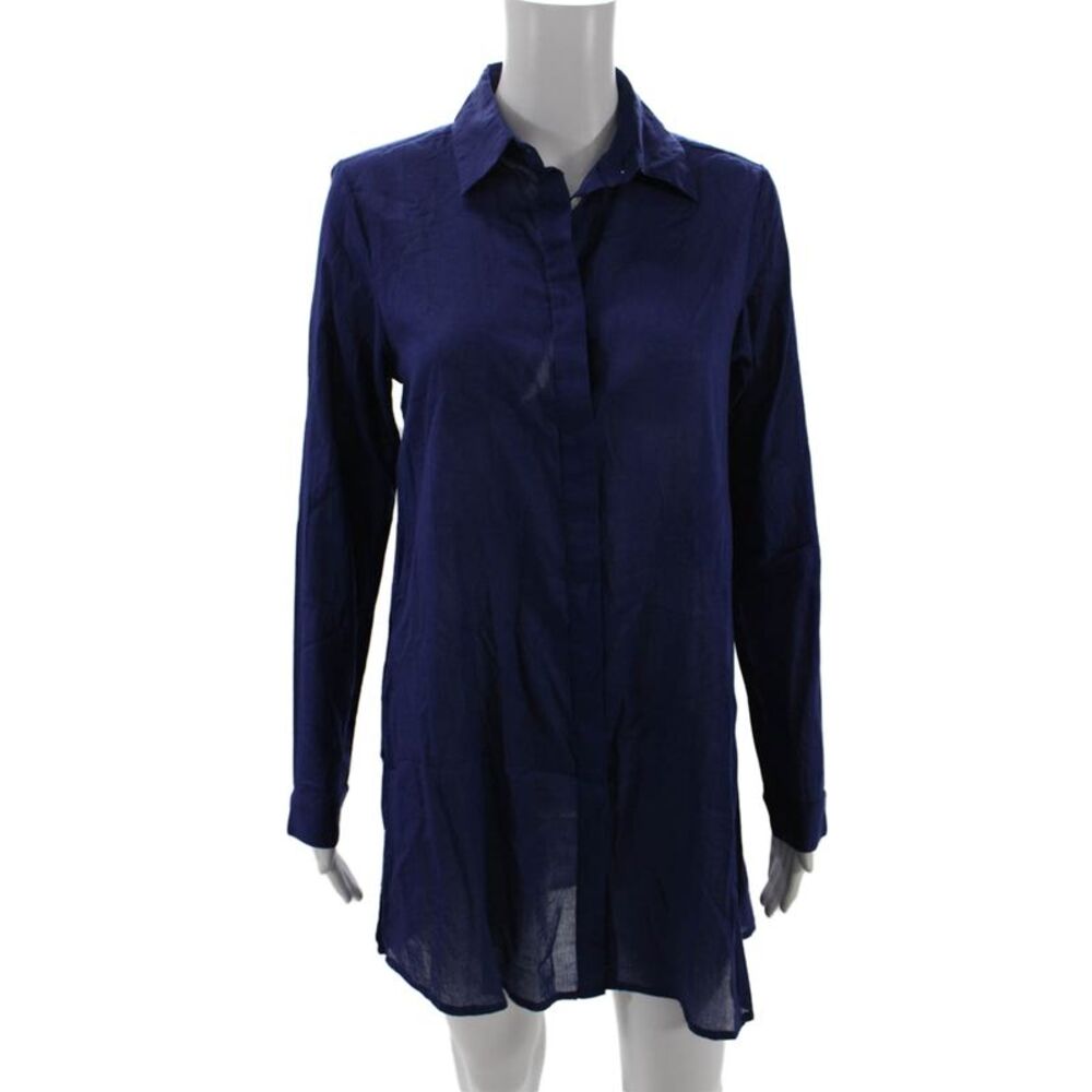 Samson Womens Button Front Long Sleeve Collared Mini Shirt Dress Blue Size Small